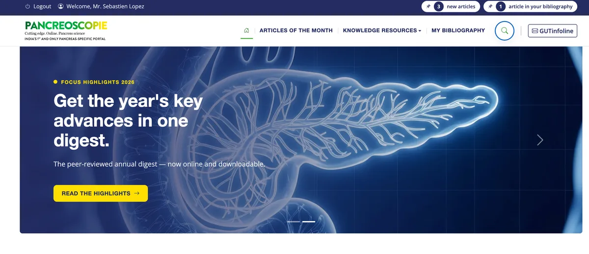Diapo d’accueil « Get the year’s key advances in one digest » : pancréas lumineux sur fond navy, annonce de Focus Highlights 2026