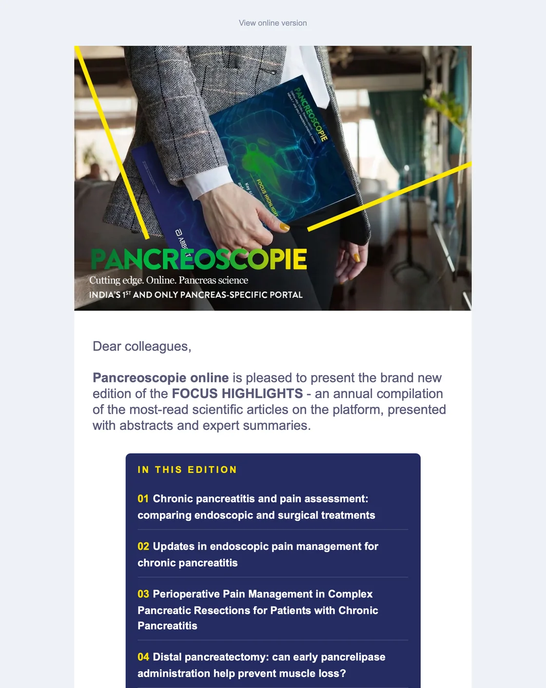 Teaser e-mail de l’édition Focus Highlights : photo de couverture du digest, mot d’introduction et sommaire « In this edition » des articles les plus lus