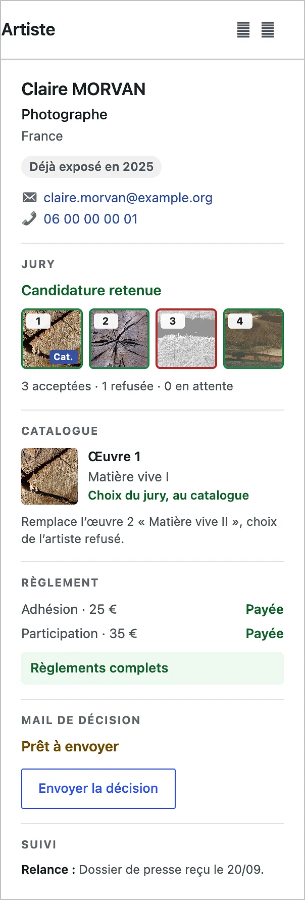 Le cockpit d’une fiche : nom et discipline de l’artiste, quatre vignettes entourées de leur décision, l’œuvre du catalogue choisie par le jury, règlements complets et mail prêt à envoyer