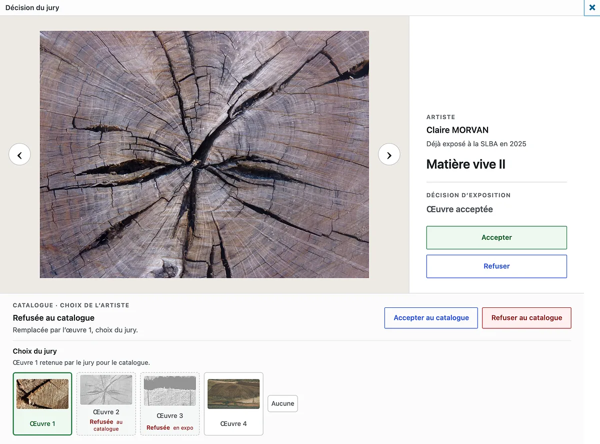 La fenêtre de jugement : une photographie d’œuvre en grand, la décision d’exposition acceptée à droite, et en pied de page le catalogue refusé avec les vignettes du choix du jury, l’œuvre 1 retenue en vert