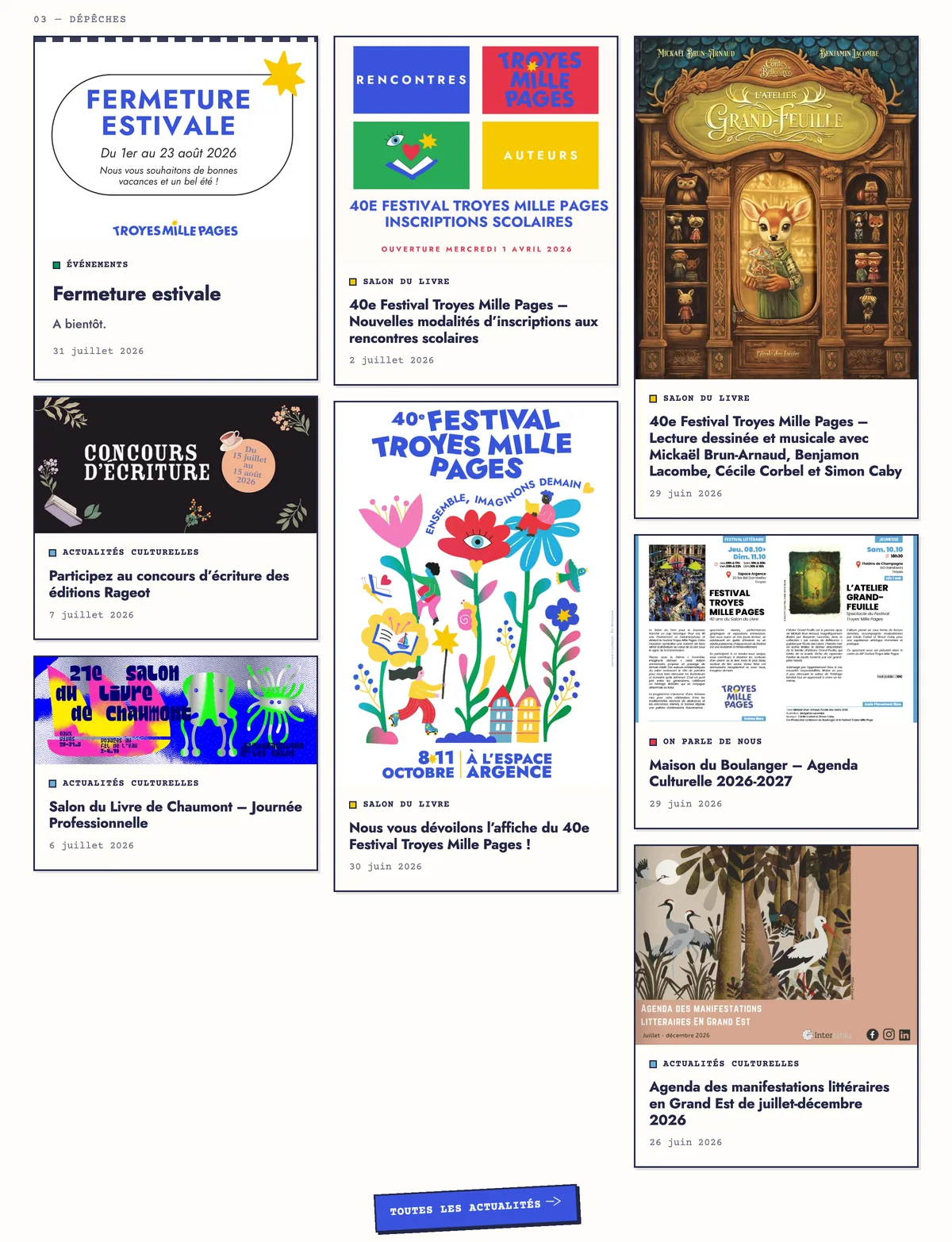 Section « Dépêches » de l’accueil : mosaïque de brèves d’actualité, fermeture estivale, concours d’écriture, inscriptions scolaires et affiche du festival