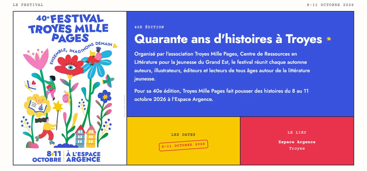Page du festival Troyes Mille Pages : l’affiche illustrée de la 40e édition à gauche, un aplat bleu « Quarante ans d’histoires à Troyes » à droite, les dates et le lieu en jaune et rouge