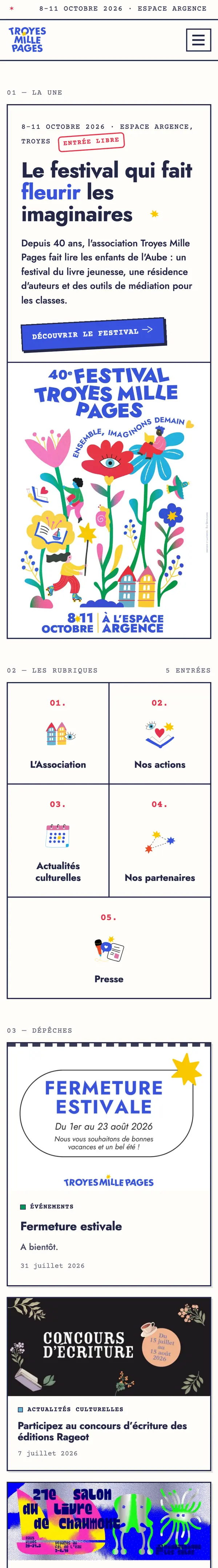 La page d’accueil sur téléphone, de la une du festival aux rubriques puis aux dépêches, en une seule colonne