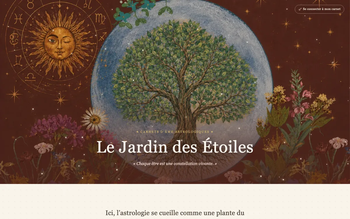 Le Jardin des Étoiles illustrated hero: tree of life, zodiac sun and flowers on a garnet background