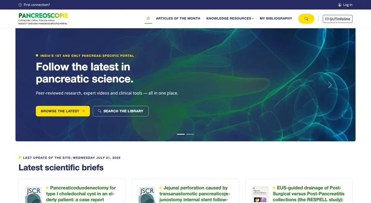 Pancreoscopie home page: dark hero with organic shapes, scientific briefs laid out as cards