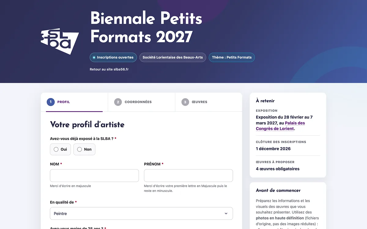 La fiche d’une artiste dans le back-office de la SLBA : quatre œuvres avec leur décision d’exposition et le panneau « Choix du jury » qui désigne l’œuvre du catalogue