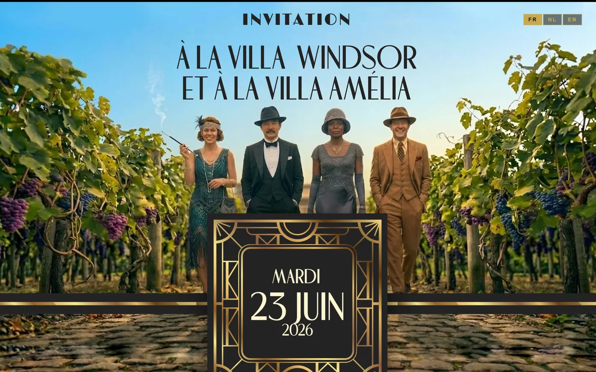 Page d’invitation de D-Summernight : quatre silhouettes années folles dans les vignes, au-dessus du carton Art déco du mardi 23 juin 2026